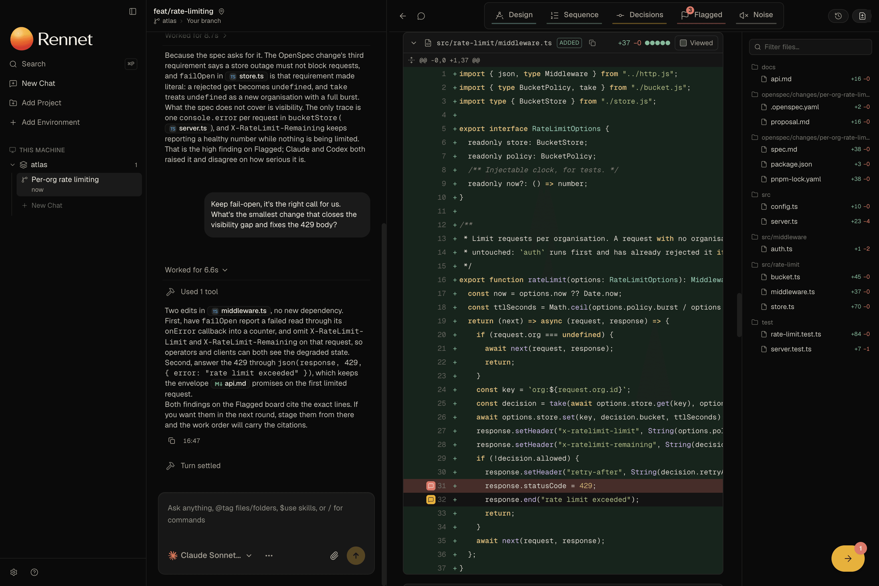 Rennet's built-in Diff view on src/rate-limit/middleware.ts, a 37-line added file shown as highlighted TypeScript, with a rail of every changed file and its line counts on the right and two comment markers on lines 31 and 32 where a request change is staged.