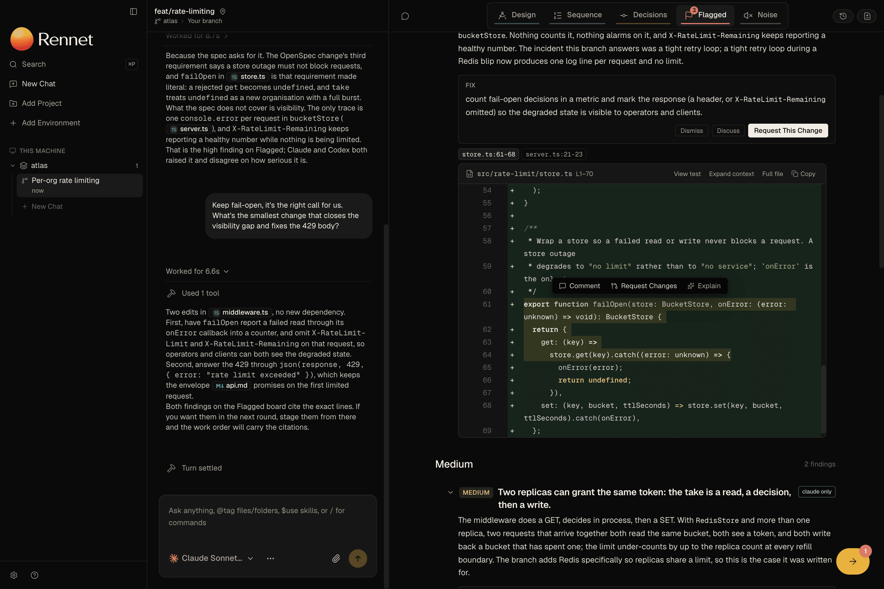 The Flagged lens with the failOpen function selected in the cited store.ts code and a selection toolbar floating above it offering Comment, Request Changes and Explain. The high finding's fix and its Dismiss, Discuss and Request This Change actions are visible above the selection.