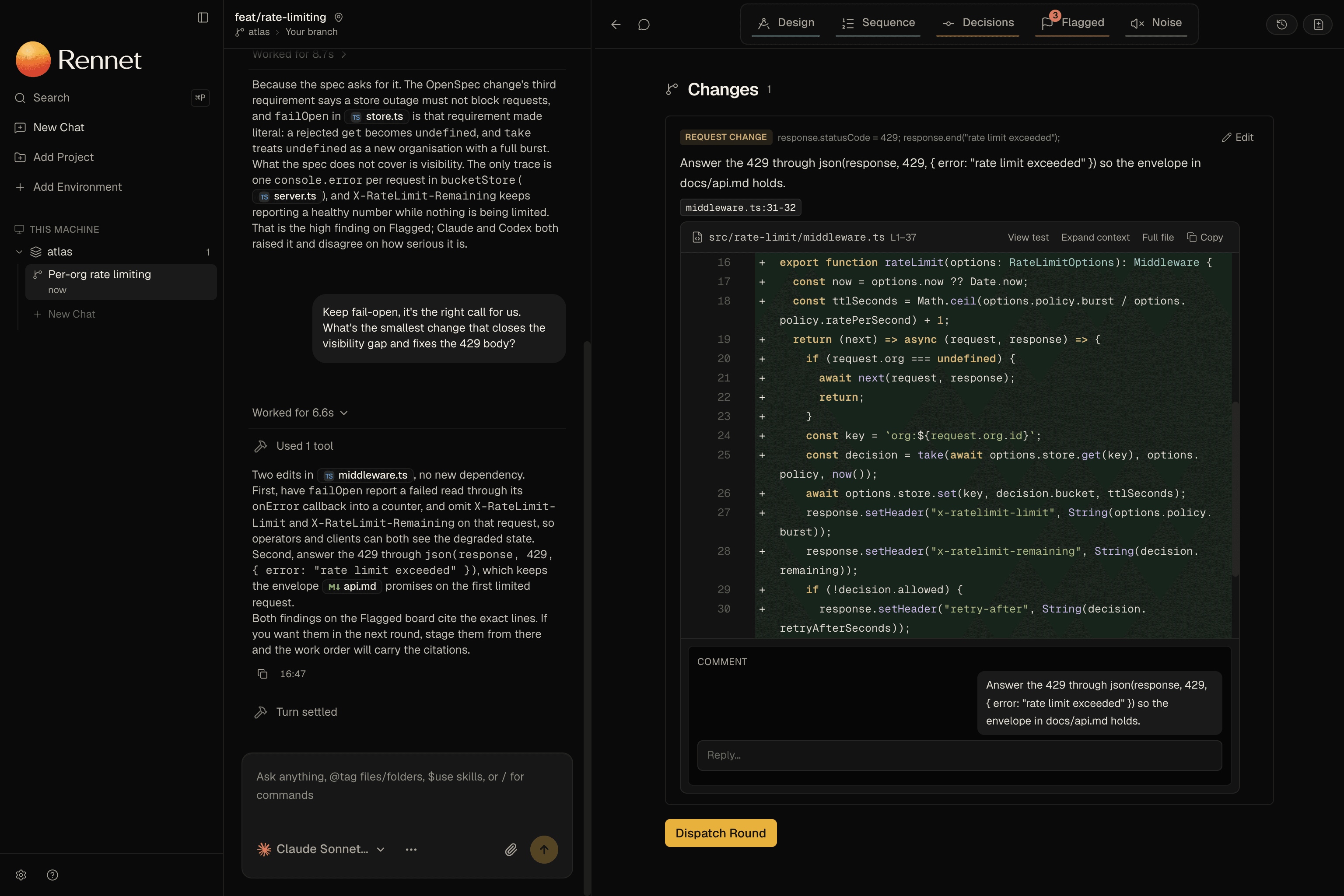 The hand-off lane in its Changes state: one staged request change, 'Answer the 429 through json(response, 429, { error: rate limit exceeded }) so the envelope in docs/api.md holds', with its cited lines from src/rate-limit/middleware.ts revealed, its comment thread and an empty reply box, and a gold Dispatch Round button beneath.