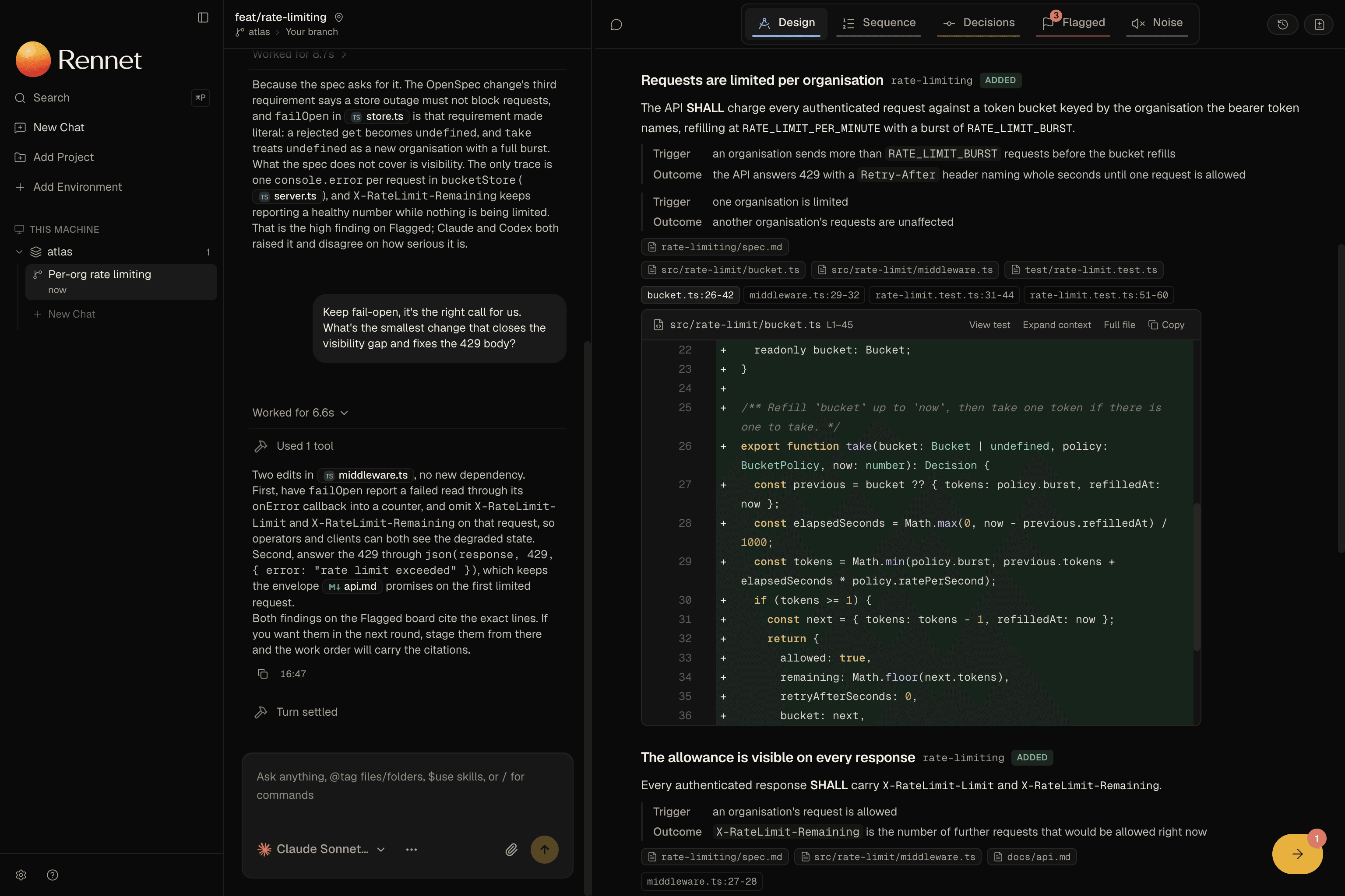 The Design lens showing the requirement 'Requests are limited per organisation': the SHALL sentence, two trigger-and-outcome scenarios, trace chips for the spec, bucket, middleware and test files, and the cited take function from src/rate-limit/bucket.ts revealed beneath them. The conversation pane on the left holds the reviewer's questions about the branch.