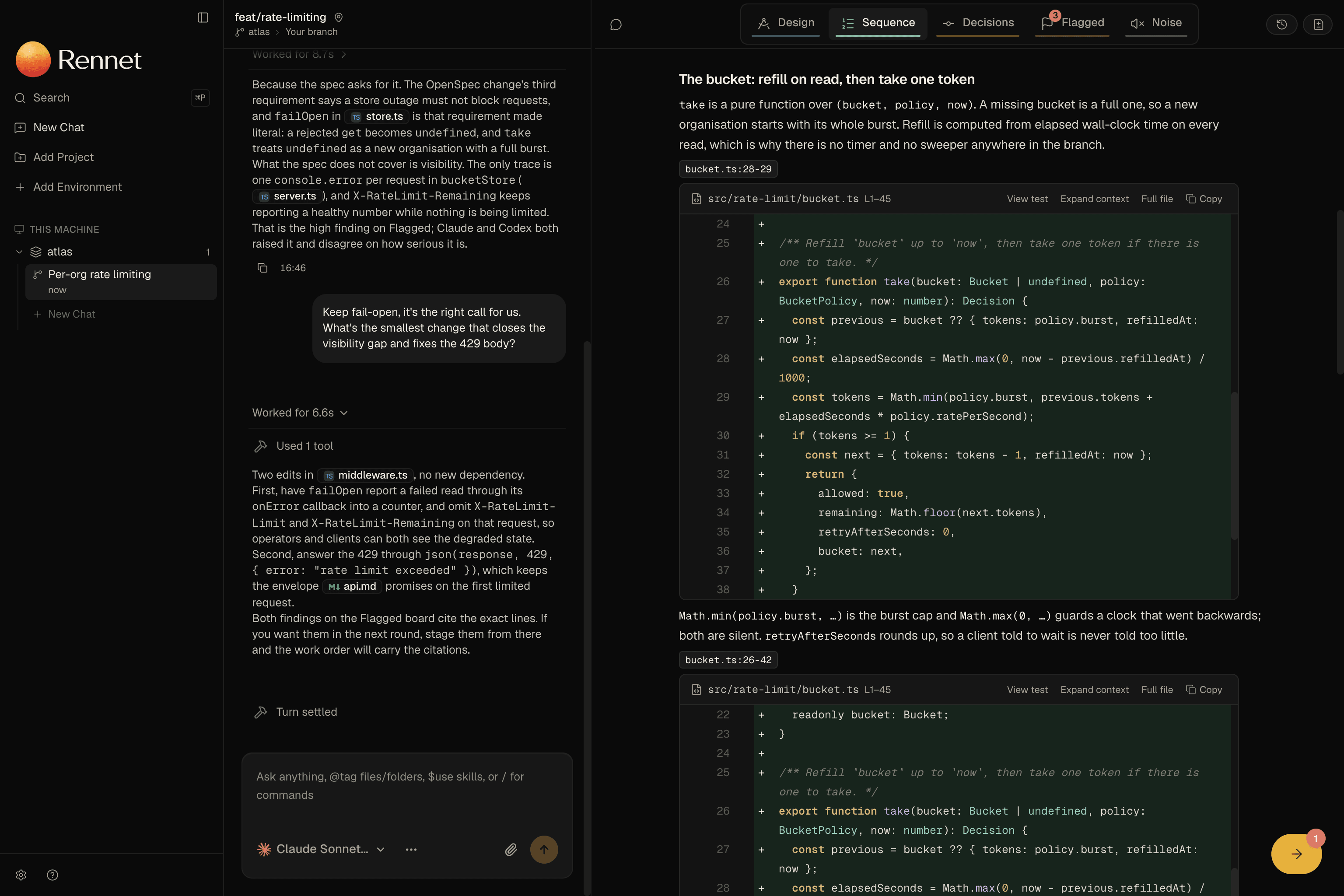 The Sequence lens at its second step, 'The bucket: refill on read, then take one token', with the take function from src/rate-limit/bucket.ts shown as highlighted TypeScript beneath the prose and an annotation about its Math.min and Math.max clamps under the code.